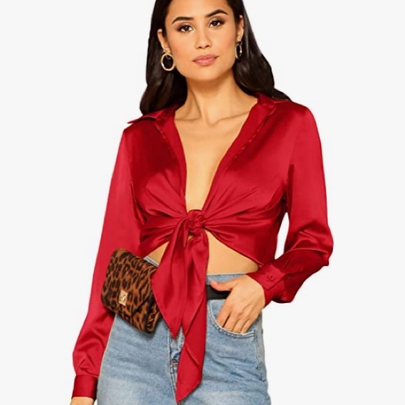 NWOT🍀Women's Long Sleeve Self Tie Knot Front Top Blouse Shirt - Picture 1 of 13